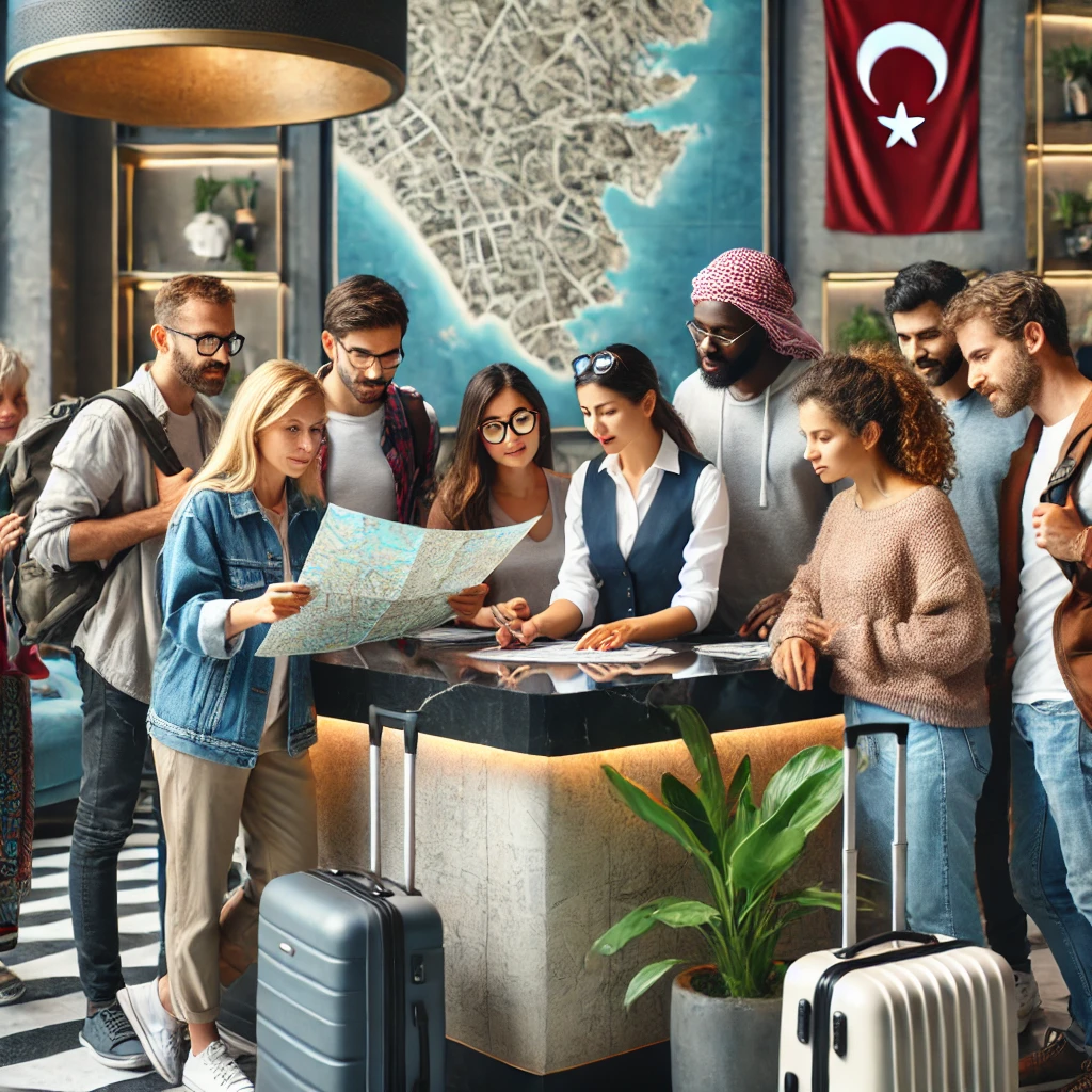 Travelers at a hotel reception in Turkey discussing budget travel options with staff.