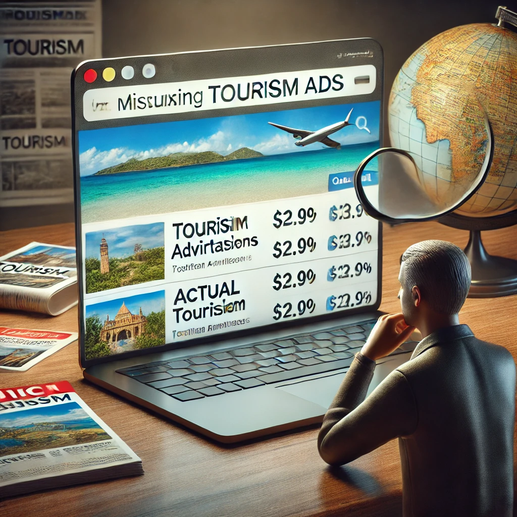 Online search showing tourism ads with price discrepancies compared to website listings, highlighting misleading tourism advertising