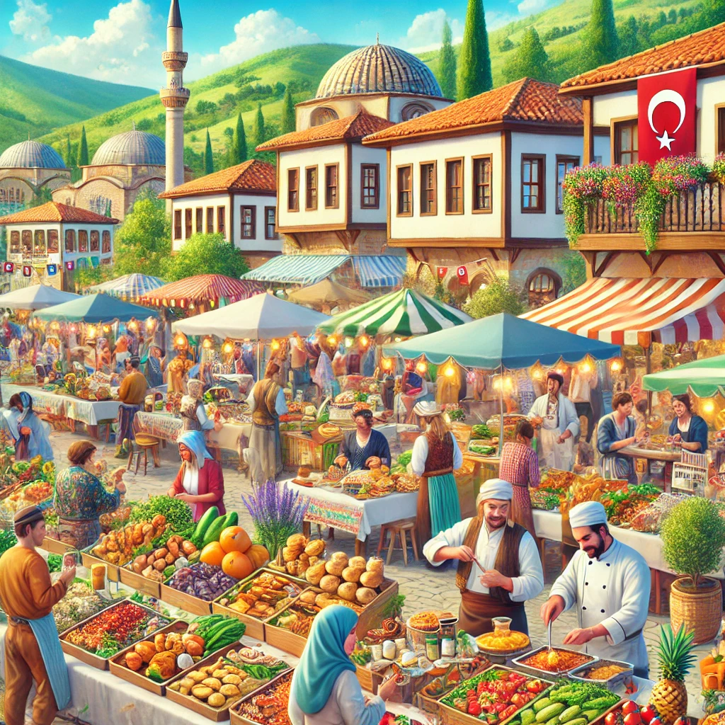 Vibrant food festival in a Turkish town with traditional dishes and local produce.