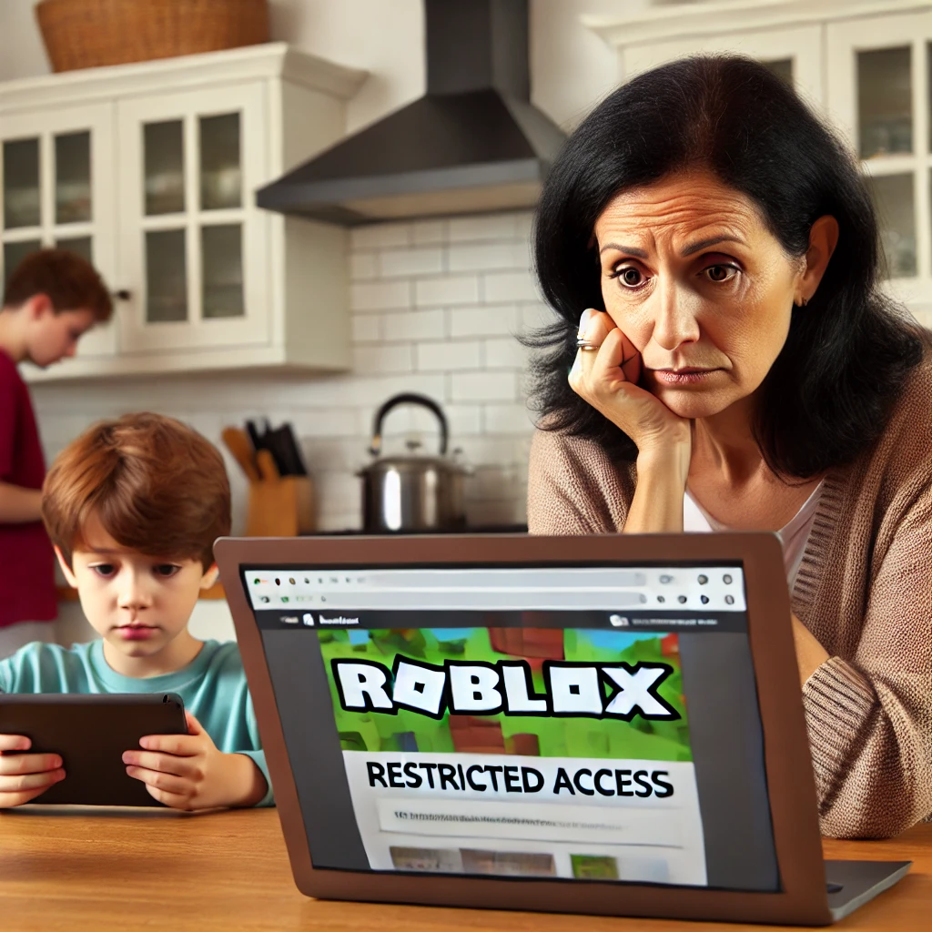 Concerned parent looking at laptop showing Roblox restricted access message while child plays with tablet.