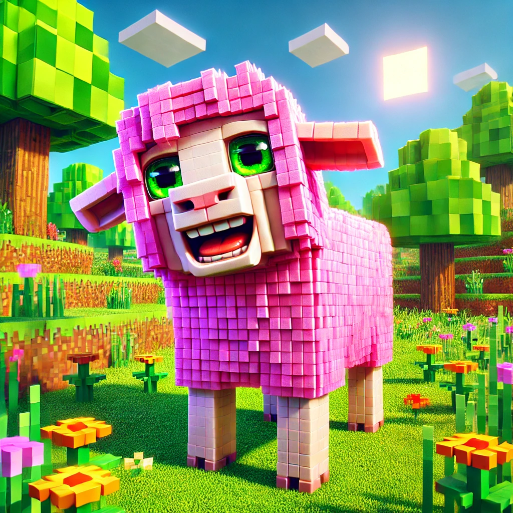 Hyper-realistic pink sheep with exaggerated features in a Minecraft-style blocky meadow.