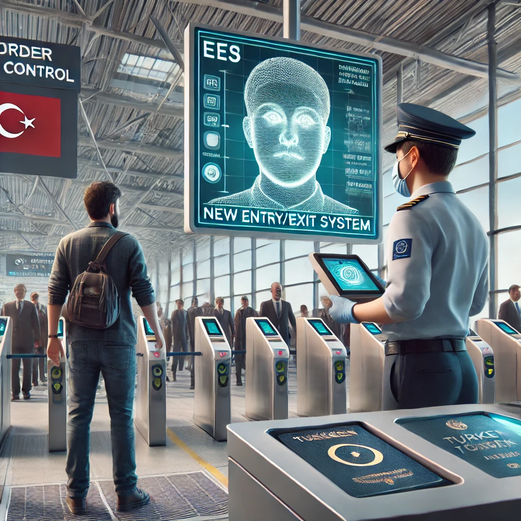 Turkish traveler undergoing biometric screening at Schengen Area border control using the Entry/Exit System (EES).