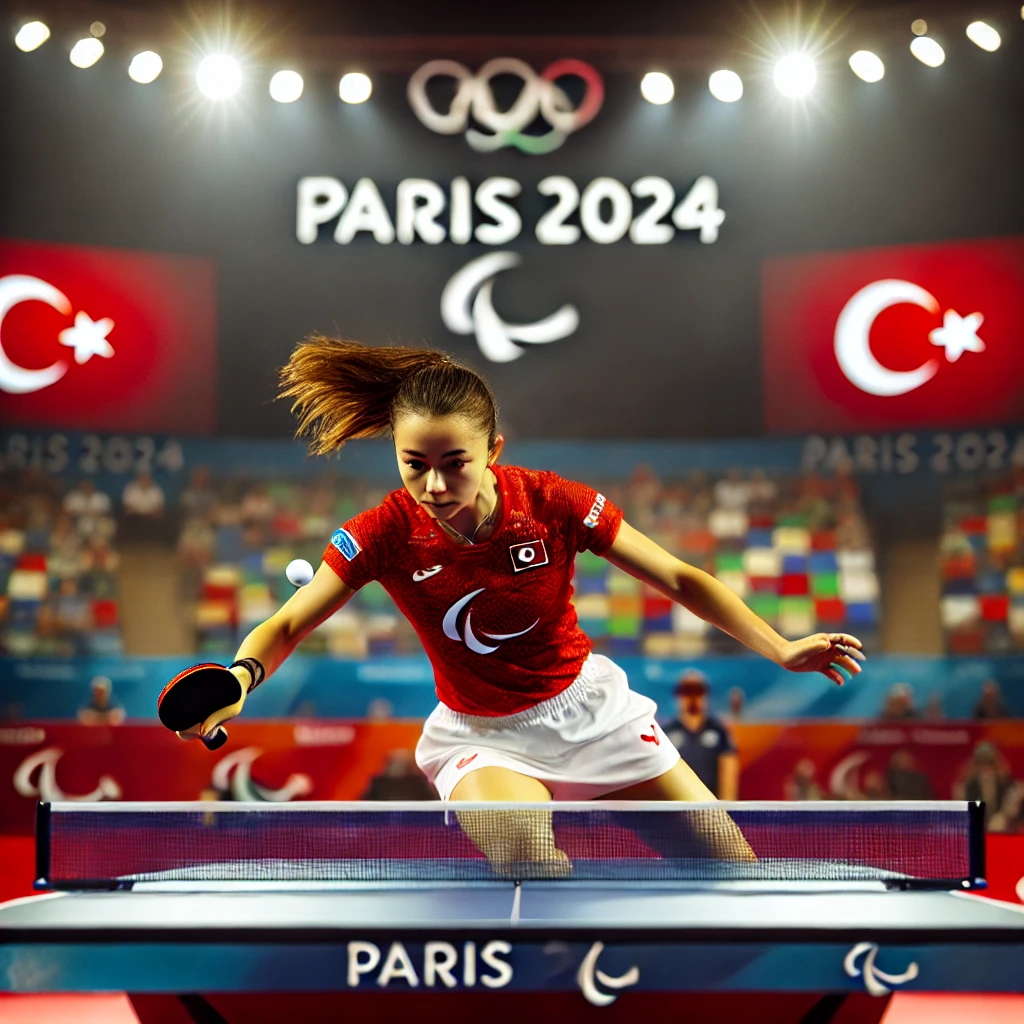 Turkish female Paralympic athlete playing table tennis at the Paris 2024 Paralympic Games in a dynamic action shot, wearing red and white sports uniform.