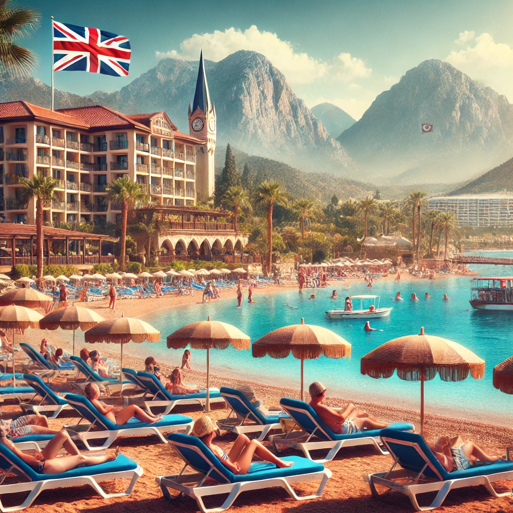 British tourists relaxing on a sun-soaked beach in Antalya, Türkiye, with luxury resorts and the Taurus mountains in the background