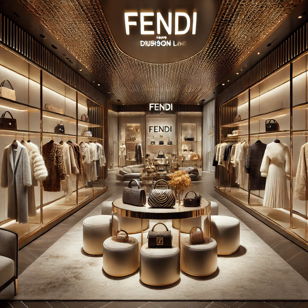 Luxurious fashion boutique featuring Fendi diffusion lines with high-end clothing racks, elegant Fendi bags, and sophisticated modern interior.