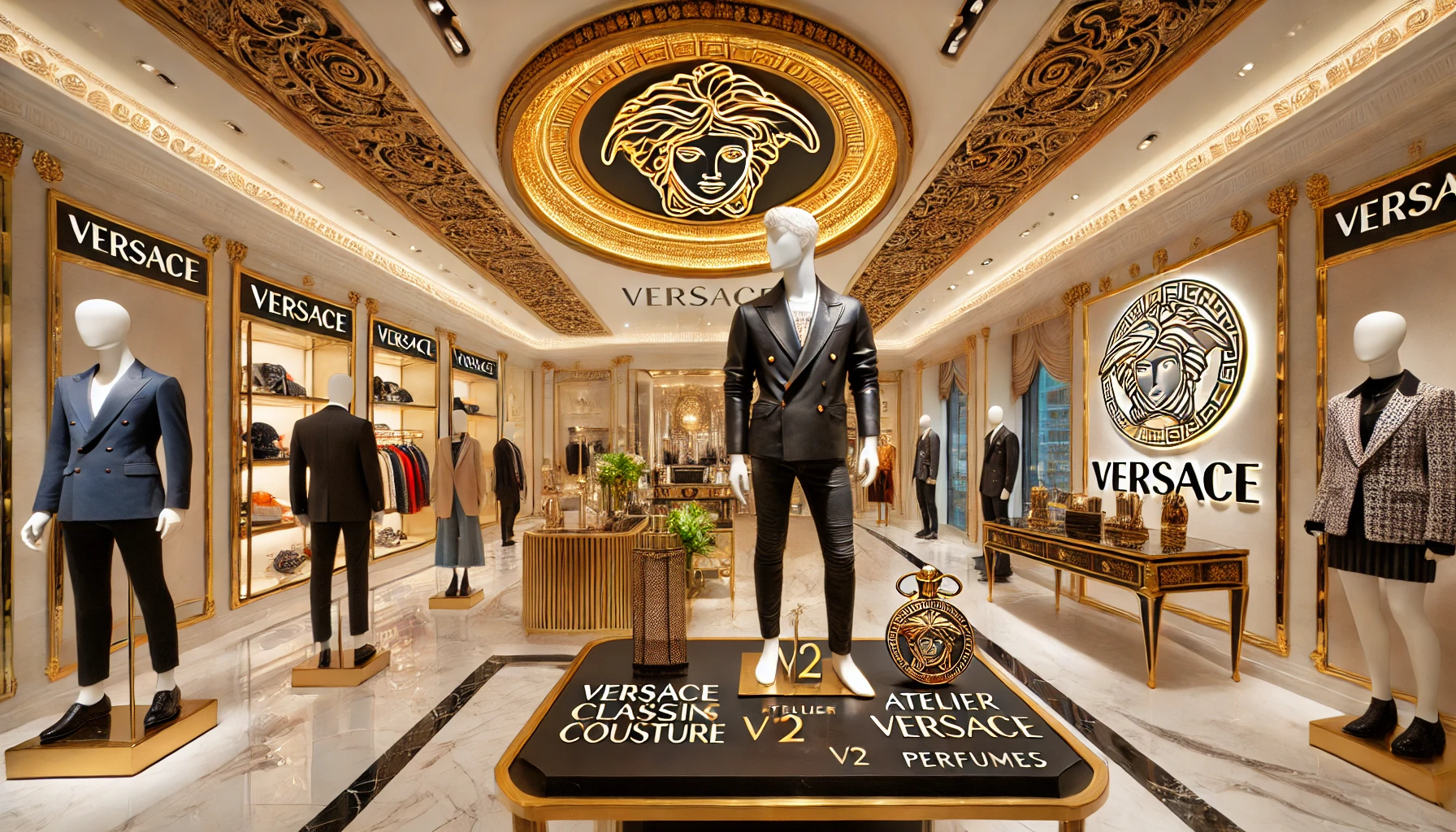 Luxurious Versace fashion boutique in Istanbul, Turkey featuring Versace Classic V2, Versace Jeans Couture, Atelier Versace clothing, and perfumes.